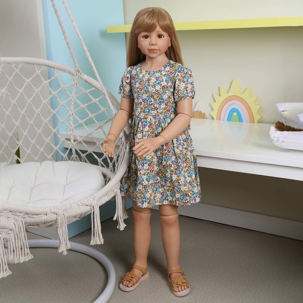 47inch Reborn Toddler Doll,Huge Baby Full Body Hard Vinyl Smile Girls Real Child Realistic Newborn Toddler Dolls Girl Age 4 Dress Model Brown Hair Girl Collectible Floral Dress