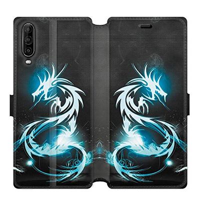Leather Wallet Case for Wiko View 4 / View 4 Lite Dragon Design Blue