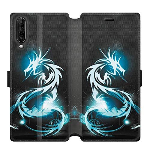 Leather Wallet Case for Wiko View 4 / View 4 Lite Dragon Design Blue