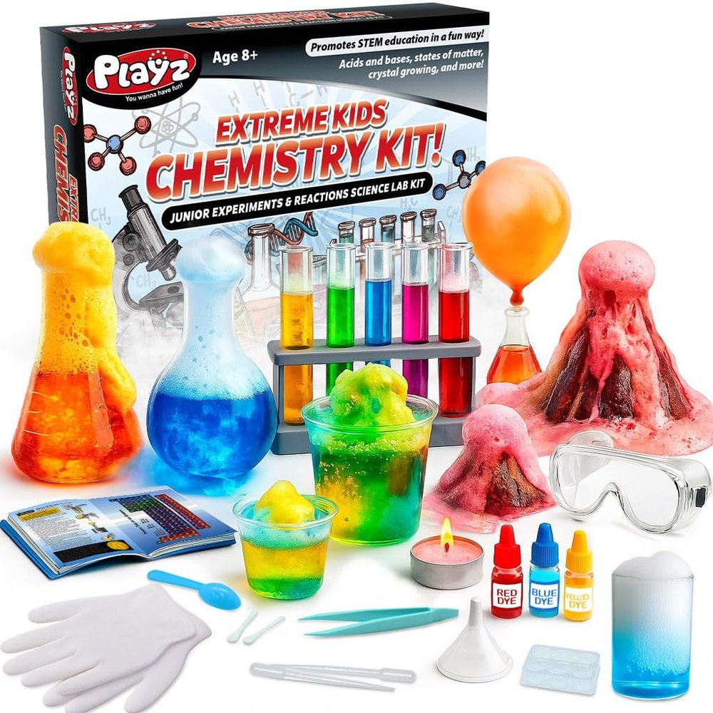 Playz Extreme Chemistry Set 52 Unique Experiments, Science Kits for Kids Age 8-12, Lab Gear, Volcano Project, Learning Tools, Fair Activity, Discovery Gift, STEM Toys for Boys and Girls