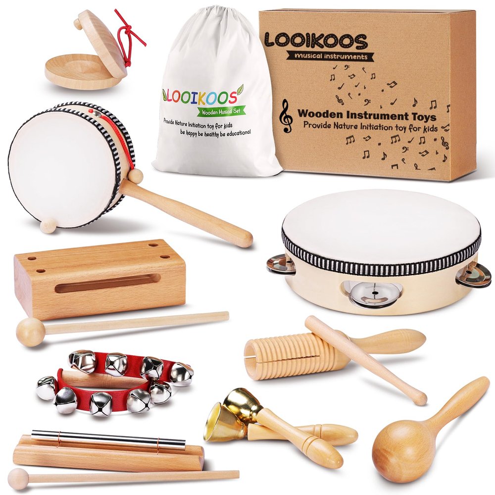 LOOIKOOS Montessori Natural Wooden Musical Instruments Set for Toddlers Preschool Educational Percussion Toys with Storage Bag, Safe Early Learning Toys for Boys Girls (3+)