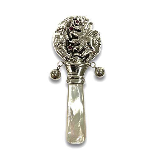 Victorian Style Day & Night Baby Rattle with Ruby Stone Mother of pearl Handle