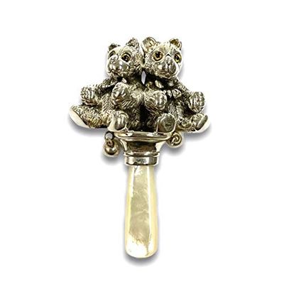 Victorian Style Two Teddy Bear Baby Rattle with Glass Eyes Mother of pearl Handle