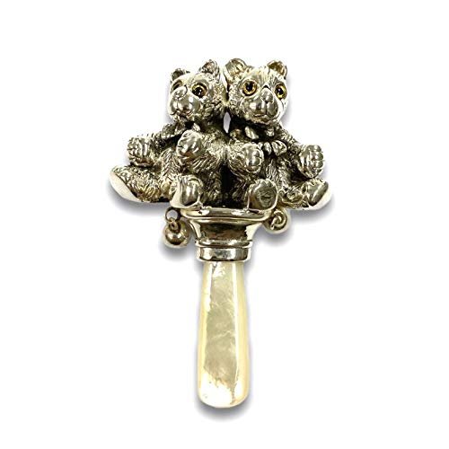 Victorian Style Two Teddy Bear Baby Rattle with Glass Eyes Mother of pearl Handle