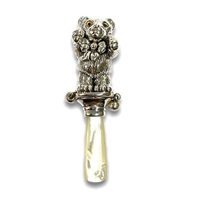 Victorian Style Teddy Bear Baby Rattle with Glass Eyes Mother of pearl Handle