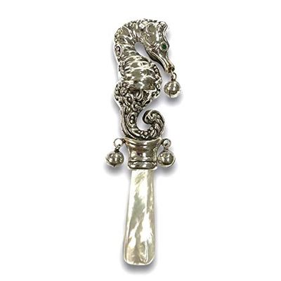Victorian Style Sea Horse Baby Rattle with Emerald Eyes Mother of pearl Handle