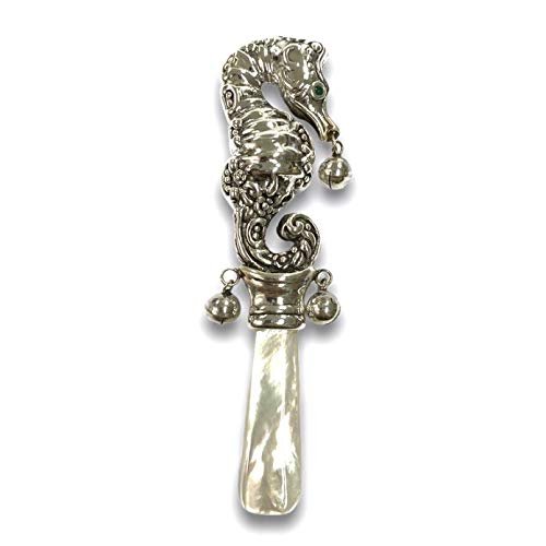 Victorian Style Sea Horse Baby Rattle with Emerald Eyes Mother of pearl Handle