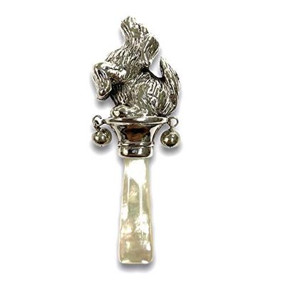Victorian Style Standing Dog Baby Rattle with Mother of pearl Handle