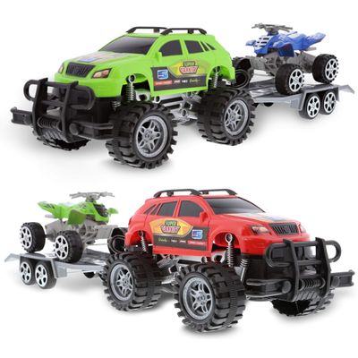 Mozlly Friction Powered Monster Trucks with SUV Towing ATV Trailers - 2 Sets of Monster Truck Toys with Removable Hook Up ATV Towing Trailers Toy, Realistic Truck and Trailer Toys for Boys and Girls