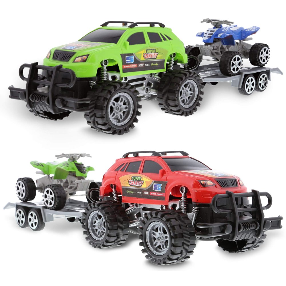 Mozlly Friction Powered Monster Trucks with SUV Towing ATV Trailers - 2 Sets of Monster Truck Toys with Removable Hook Up ATV Towing Trailers Toy, Realistic Truck and Trailer Toys for Boys and Girls