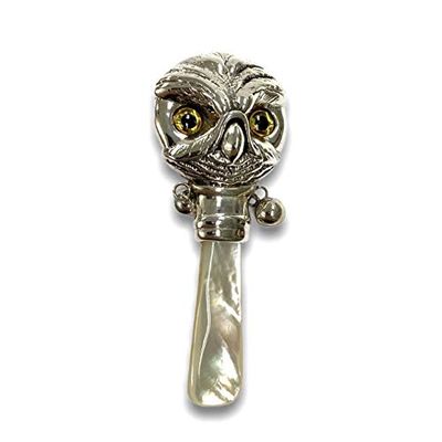 Victorian Style Owl head Baby Rattle with Glass Eyes and Mother of pearl Handle