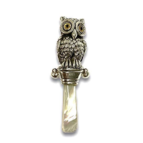 Victorian Style Owl Baby Rattle with Glass Eyes and Mother of pearl Handle