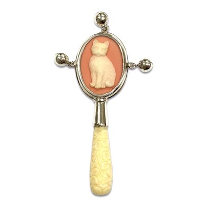 Victorian Style Cat or Kitten Pink Cameo Baby Rattle with Carved Resin Handle