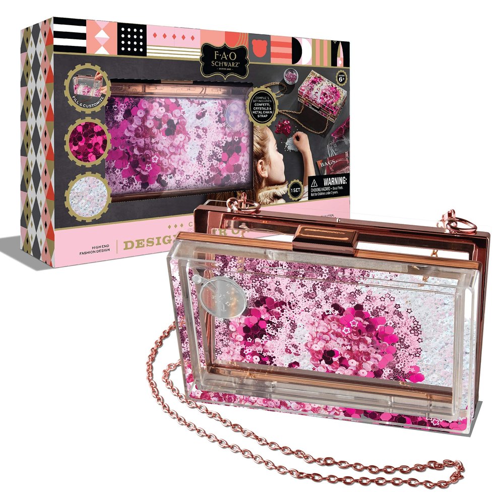 FAO Schwarz Customizable Purse Creation Set, DIY Design and Decorate Purse Hand Bag, 4 Unique Ingredients for Creativity, Acrylic Body with Metal Chain, Great Gift for Girls Ages 6 and Up