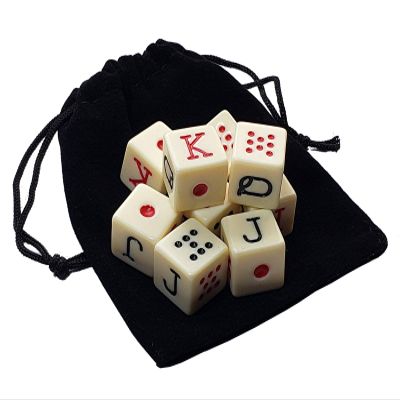 Cyber-Deals Spanish Poker Dice Ivory with Black Velvet Storage Pouch (Set of 10 Dice, 1 Pouch)