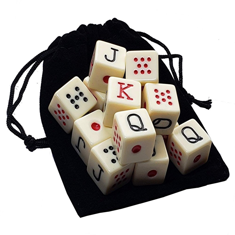 Cyber-Deals Spanish Poker Dice Ivory with Black Velvet Storage Pouch (Set of 15 Dice, 1 Pouch)
