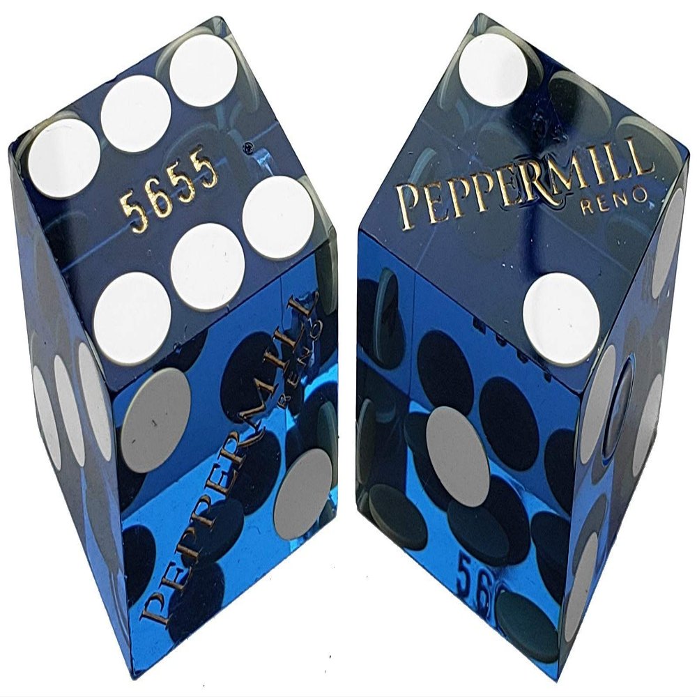 Authentic Nevada Craps Dice - Wide Selection Genuine Casino Table-Played Dice Pairs from Lake Tahoe, Reno & Other Nevada Destinations (Non-Matching, Reno Peppermill - Blue Polished)