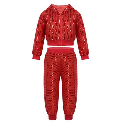 Agoky Children Girls Sequins Hip Hop Modern Jazz Street Dance Costume Outfit Kids Stage Performances Clothes Red Hooded Set 5-6