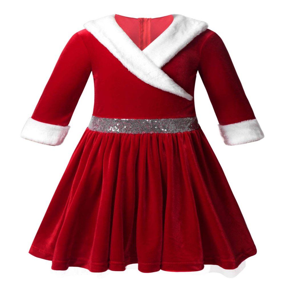 ACSUSS Kids Girls Christmas Costume Long Sleeve Faux Fur Trimming Velvet Baton Twirling Dress Dancewear Red 14