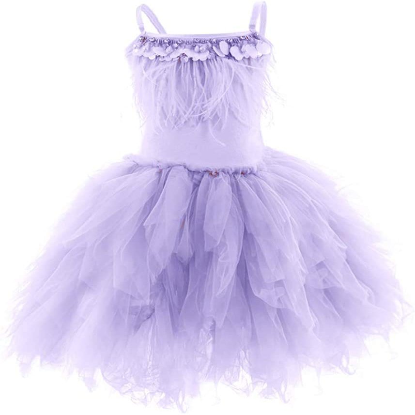 Girls Spaghetti Strap Swan Princess Dance Costume Feather Fringes A-Line Tiered Tutu Tulle Flower Girl Dress Ruffles Ballerina Ballet Birthday Party Cake Smash Wedding Prom Gown Purple 12-18 Months