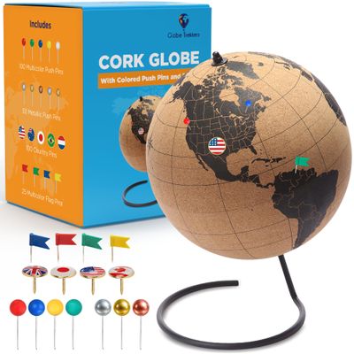 Black Cork Globe with Push Pins - 10 Globe with Map of the World and Rotating Stand for Children or Adults, 100 Colored Push Pins - For Home, Office, Classroom, Travel, Kids