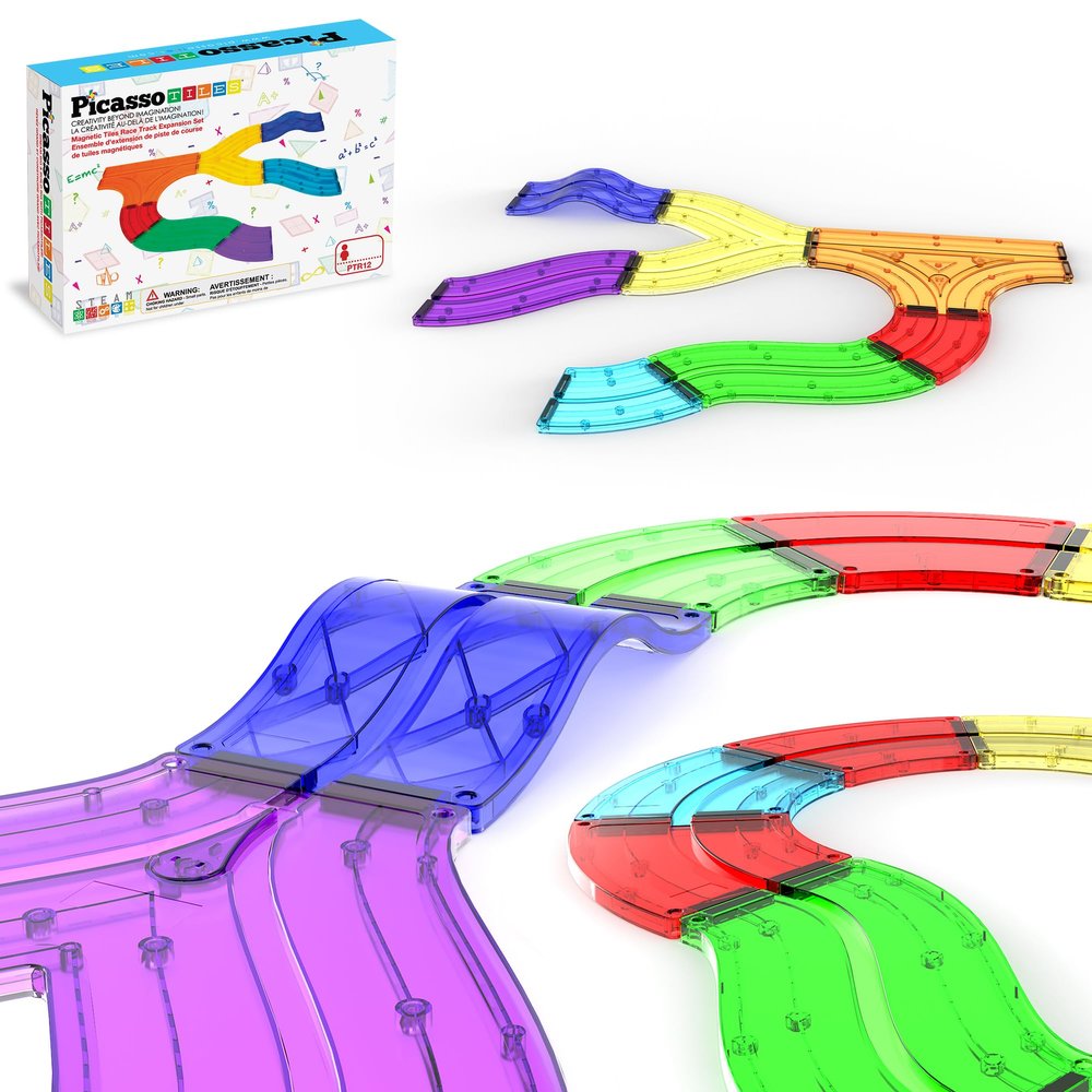 PicassoTiles 12pcs Race Track Add-On Magnetic Railway 5Styles Building Block Set Magnet Tiles Construction Toy STEM Learning Early Education Toys Blocks Child Brain Development for Kids Age 3+ PTR12