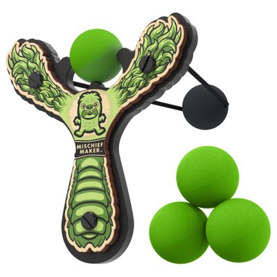 Mighty Fun! - Mischief Maker Wooden Slingshot - Lil Monster Series - Real Wood Slingshot for Kids, 4 Soft Foam Balls and Storage Bag - Ages 4+ (Green)
