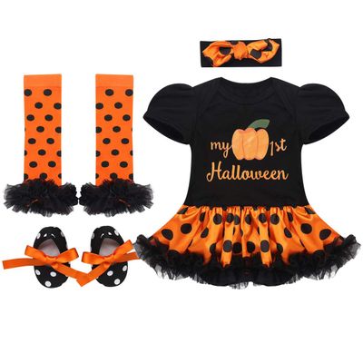 Aislor Infant Baby Girls Pumpkin Halloween Costumes Tutu Dress Rompers Headband Shoes Leg Warmer Outfits Pumpkin Black&Orange 0-3 Months