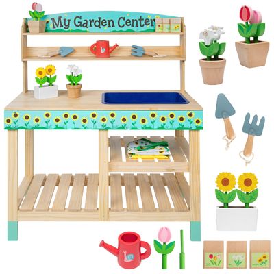 Bloom & Grow Gardening Center Wooden Toy Indoor Playset- Kids Easter Gift- 22 Pc Garden Stand Set w Flowers, Seed Packet, Pots Shovel Rake Apron Watering Pot- Interactive Fun Pretend Playtime Activity