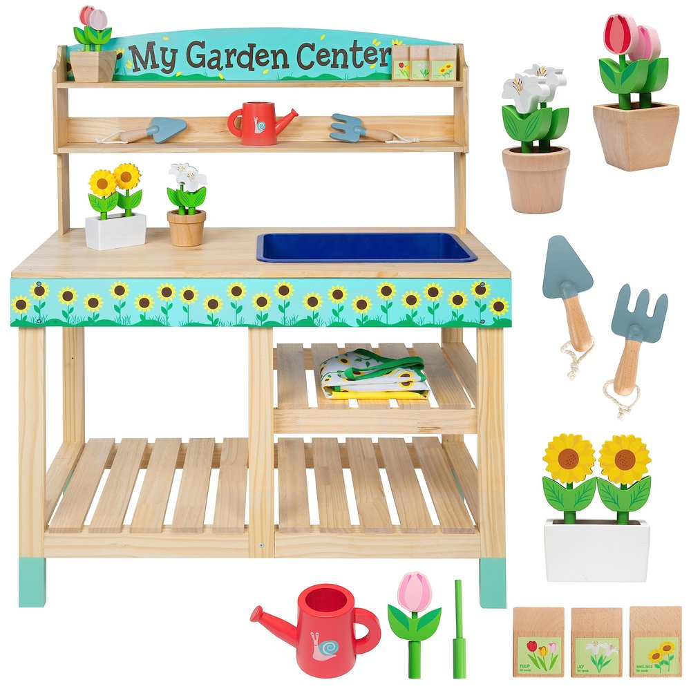 Bloom & Grow Gardening Center Wooden Toy Indoor Playset- Kids Easter Gift- 22 Pc Garden Stand Set w Flowers, Seed Packet, Pots Shovel Rake Apron Watering Pot- Interactive Fun Pretend Playtime Activity
