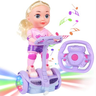 Doll Set with Remote Control Toy Electric Scooter for Kids with LED Lights Music and 360 Rotation