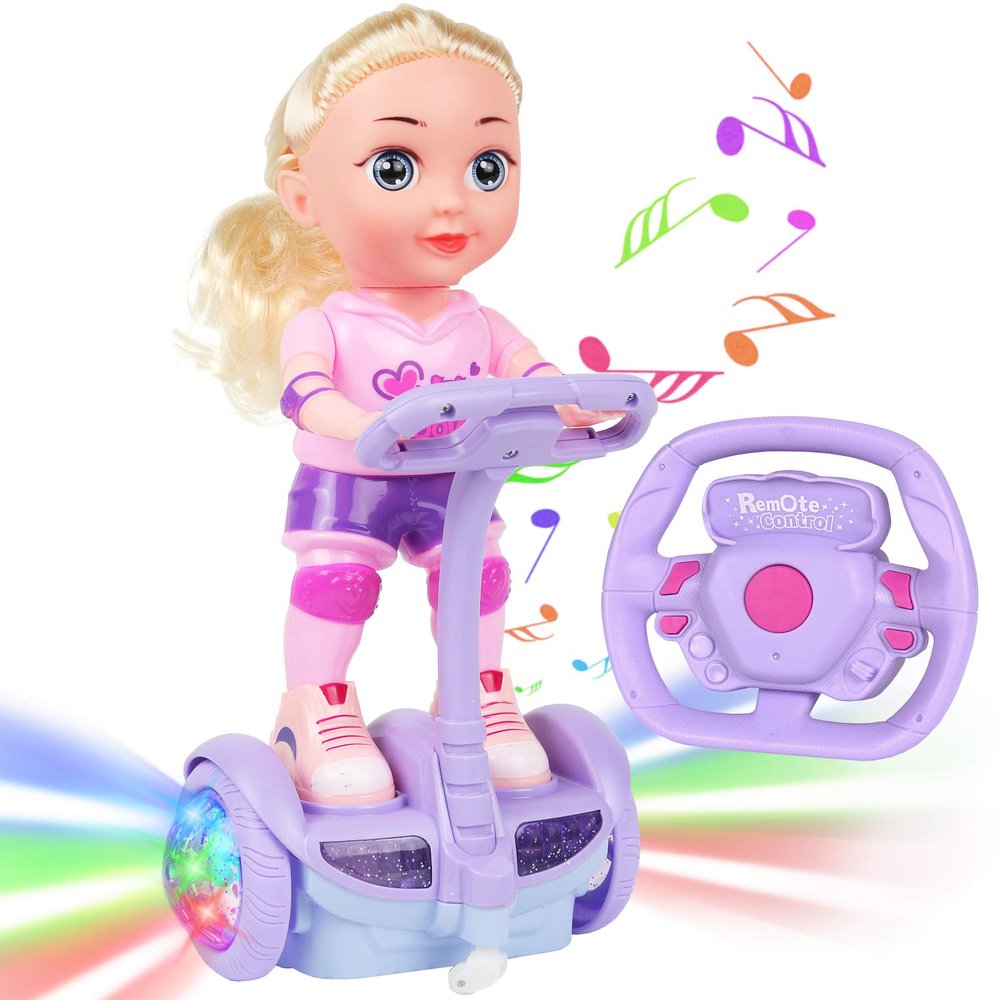 Doll Set with Remote Control Toy Electric Scooter for Kids with LED Lights Music and 360 Rotation