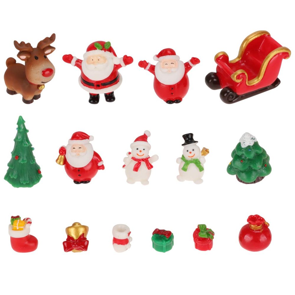 BESPORTBLE 15Pcs Fairy Garden Christmas Accessories Snowman Santa Xmas Tree Box Miniatures Figurine Resin Ornaments for Micro Landscape Dollhouse Decor