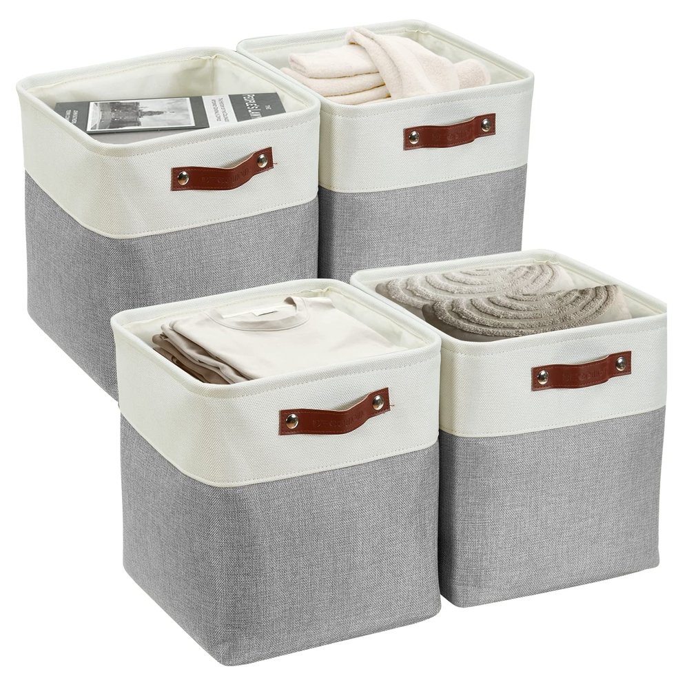 DECOMOMO Storage Cubes, 11x11 Cube Storage Bins, Baskets for Shelves (Grey & White, Cube 11" - 4 Pack)