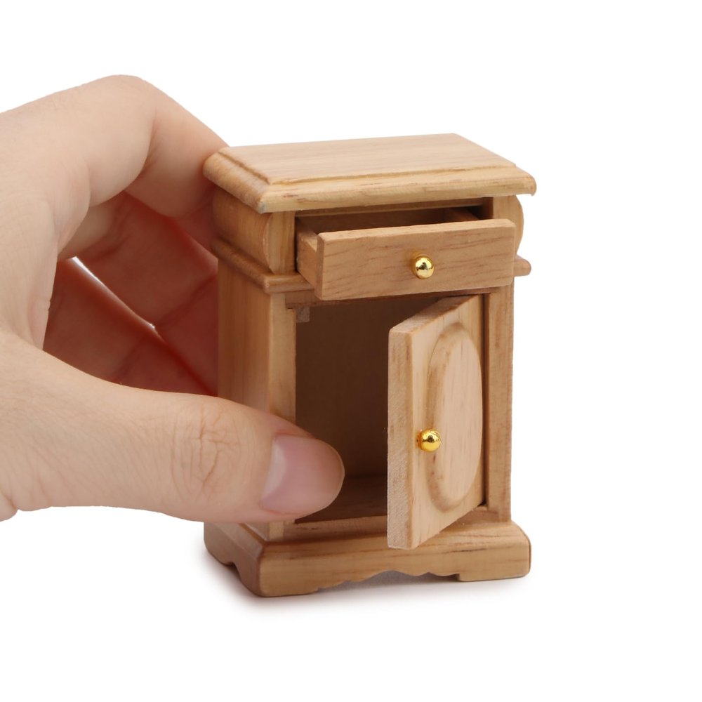 Miniature Bedside Cabinet 1:12 Dollhouse Furniture Nightstand Wooden Model Doll House Accessories for Mini Room Bedroom Scene Decoration (Wood)