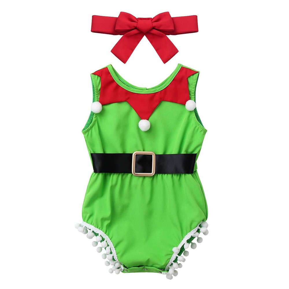 Aislor Infant Baby Girls Christmas Costumes Clown Collar Belt Rompers Bowknot Headband Set Halloween Outfit Green 3