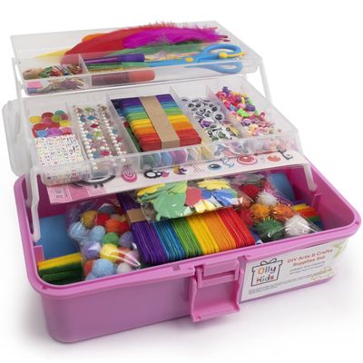 Olly Kids Arts and Crafts Supplies for Kids Girls 4 5 6 7 8 9 10 11 & 12- Ultimate Crafting Supply Carboodle in Portable 3 Layered Plastic Art Box