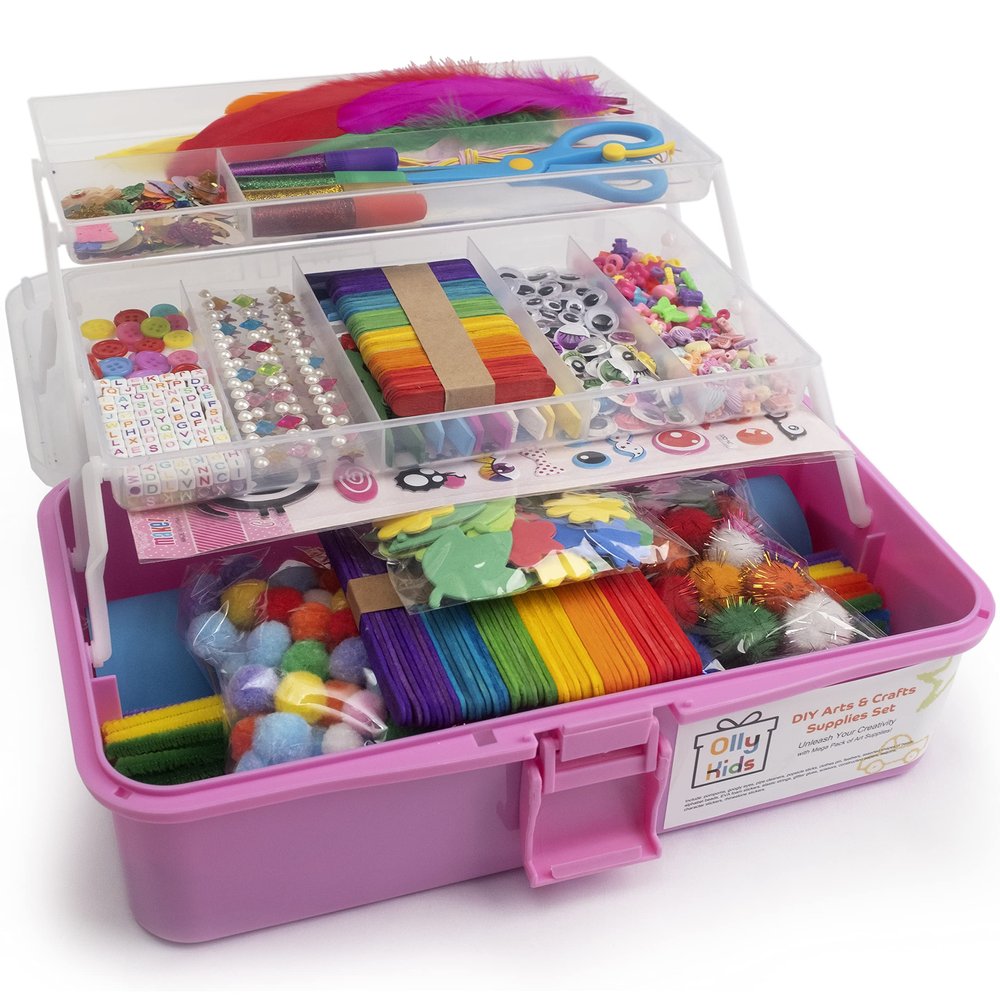 Olly Kids Arts and Crafts Supplies for Kids Girls 4 5 6 7 8 9 10 11 & 12- Ultimate Crafting Supply Carboodle in Portable 3 Layered Plastic Art Box
