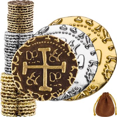 Large Pirate Coins - 36 Bronze, Silver & Gold Treasure Coin Set - Metal Replica Spanish Doubloons for Pirate Party Decorations & Favors, Tokens, Cosplay - Pirate Treasure Chest - M, L, XL Sizes