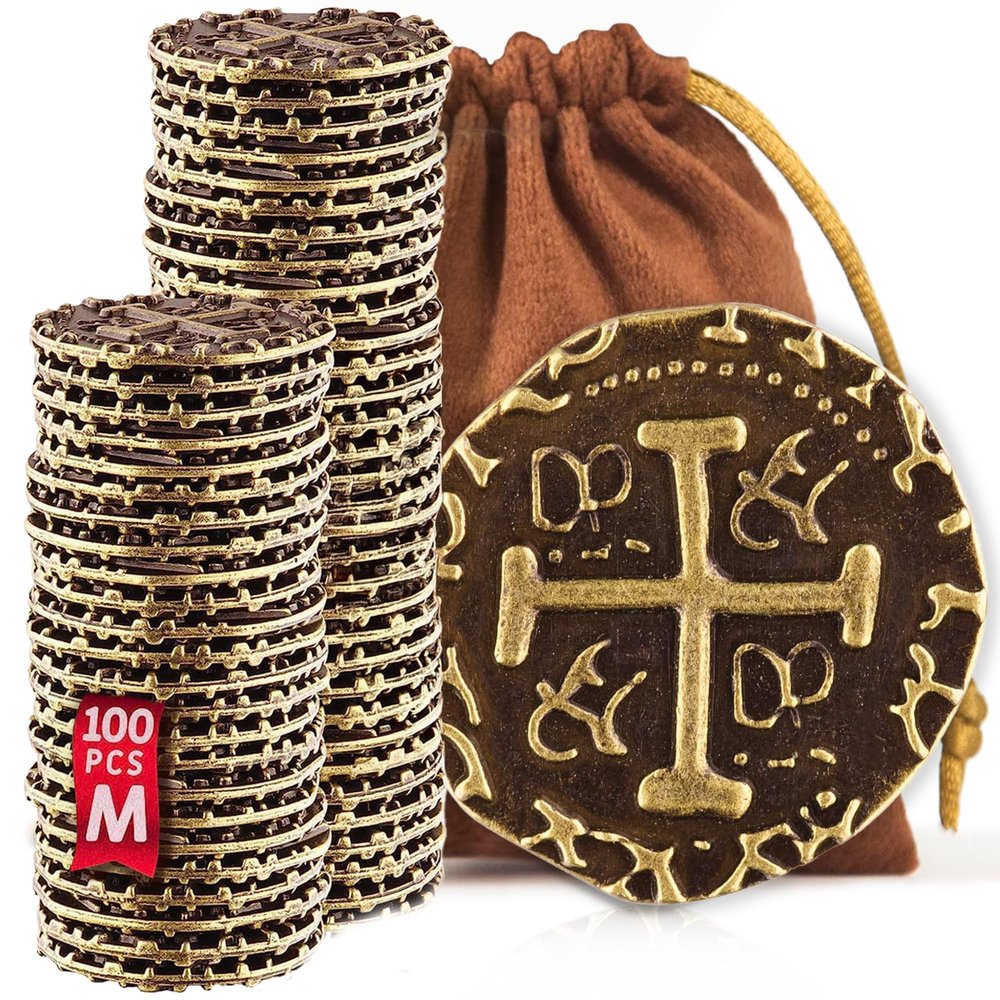 Metal Pirate Coins - 100 Bronze Treasure Coin Set, Metal Replica Spanish Doubloons for Pirate Party Decorations & Favors, Tokens, Toys, Cosplay - Pirate Treasure Chest, Diameter 7/8"