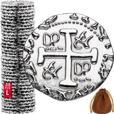 Large Metal Pirate Coins - 35 Silver Treasure Coin Set, Metal Replica Spanish Doubloons for Pirate Party Decorations & Favors, Tokens, Toys, Cosplay - Pirate Treasure Chest - Size 1.06"