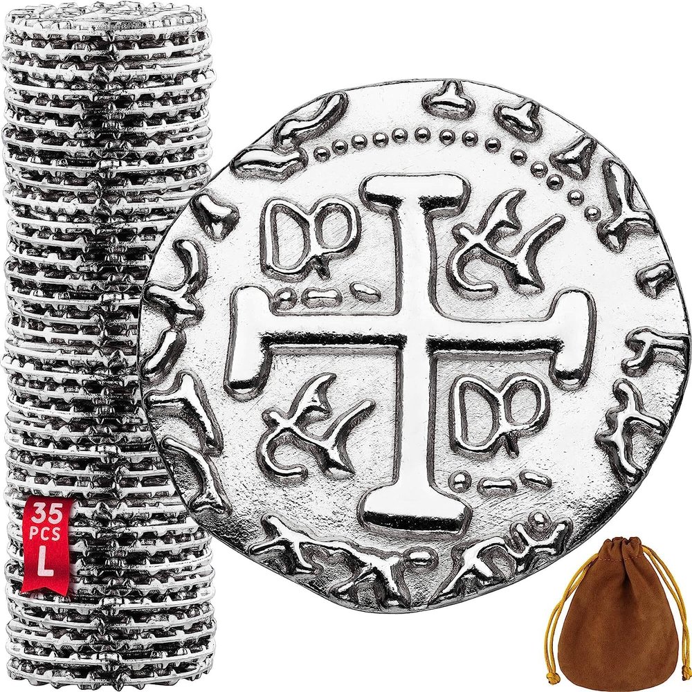 Large Metal Pirate Coins - 35 Silver Treasure Coin Set, Metal Replica Spanish Doubloons for Pirate Party Decorations & Favors, Tokens, Toys, Cosplay - Pirate Treasure Chest - Size 1.06"