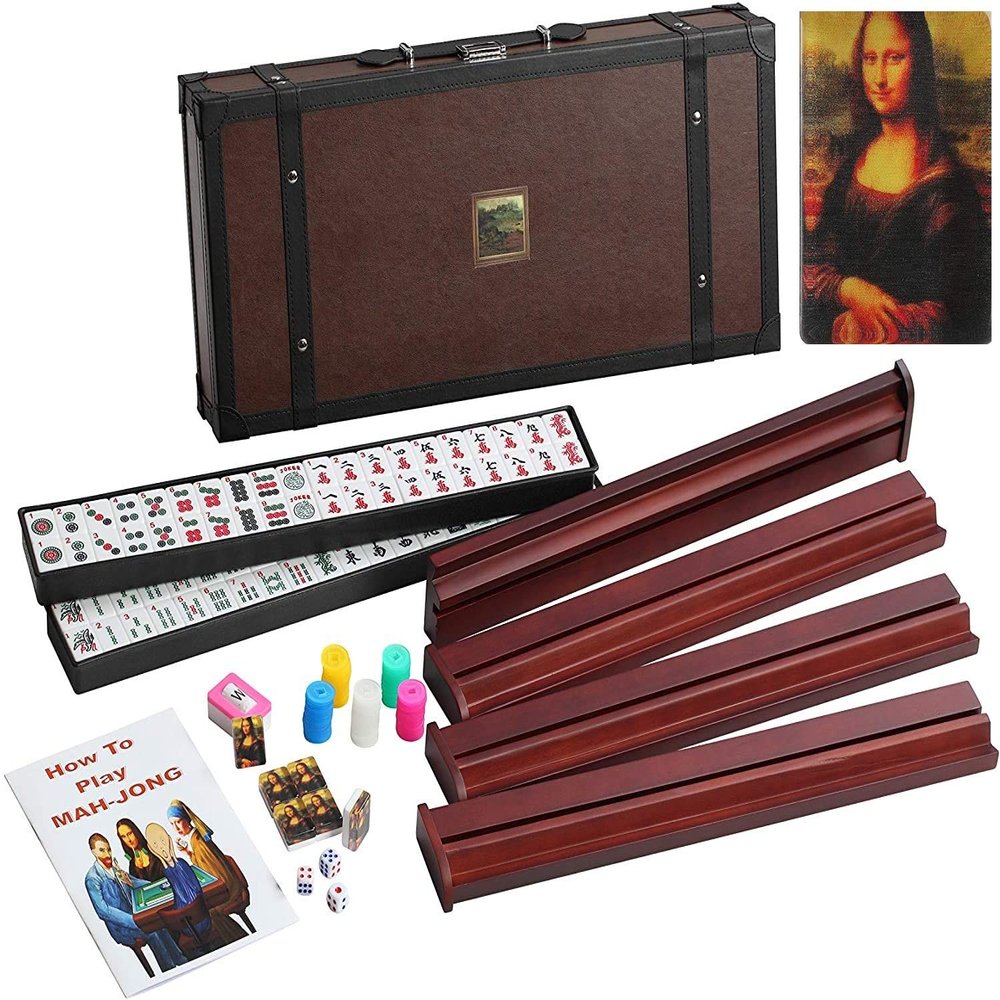 166 American Western Mahjong Mah jongg Set Suitcase Limited Edition Embedded Masterpiece Background in Leather Suitcase Mona Lisa