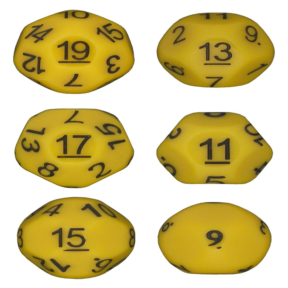 Impact! Miniatures - Yellow - Set of 6 Unusual Odd Sided dice - D9, D11, D13, D15, D17 & D19 - Cursed Dice