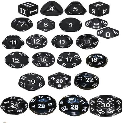 Black - 24 Unusual Dice Set - D3, D4, D5, D6, D7, D8, D9, D10, D%10, D11, D12, D13, D14, D15, D16, D17, D18, D19, D20, D22, D24, D26, D28 & D30