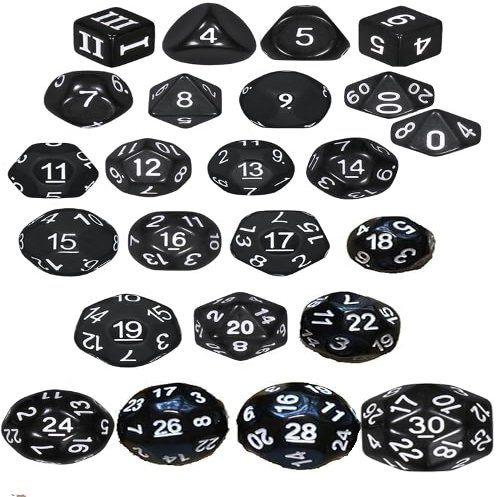 Black - 24 Unusual Dice Set - D3, D4, D5, D6, D7, D8, D9, D10, D%10, D11, D12, D13, D14, D15, D16, D17, D18, D19, D20, D22, D24, D26, D28 & D30