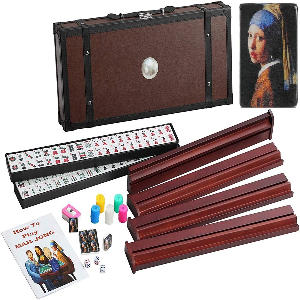 166 American Western Mahjong Set Suitcase Limited Edition Embedded Masterpiece Background in Leather Suitcase Girl Pearl