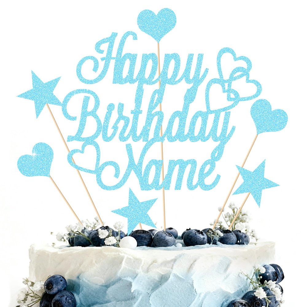 Personalized Happy Birthday Cake Topper | Customized Name Cake Decoration | Double Sided Glitter Card | Baby Blue