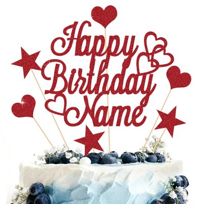 Personalized Happy Birthday Cake Topper | Customized Name Cake Decoration | Double Sided Glitter Card | Red