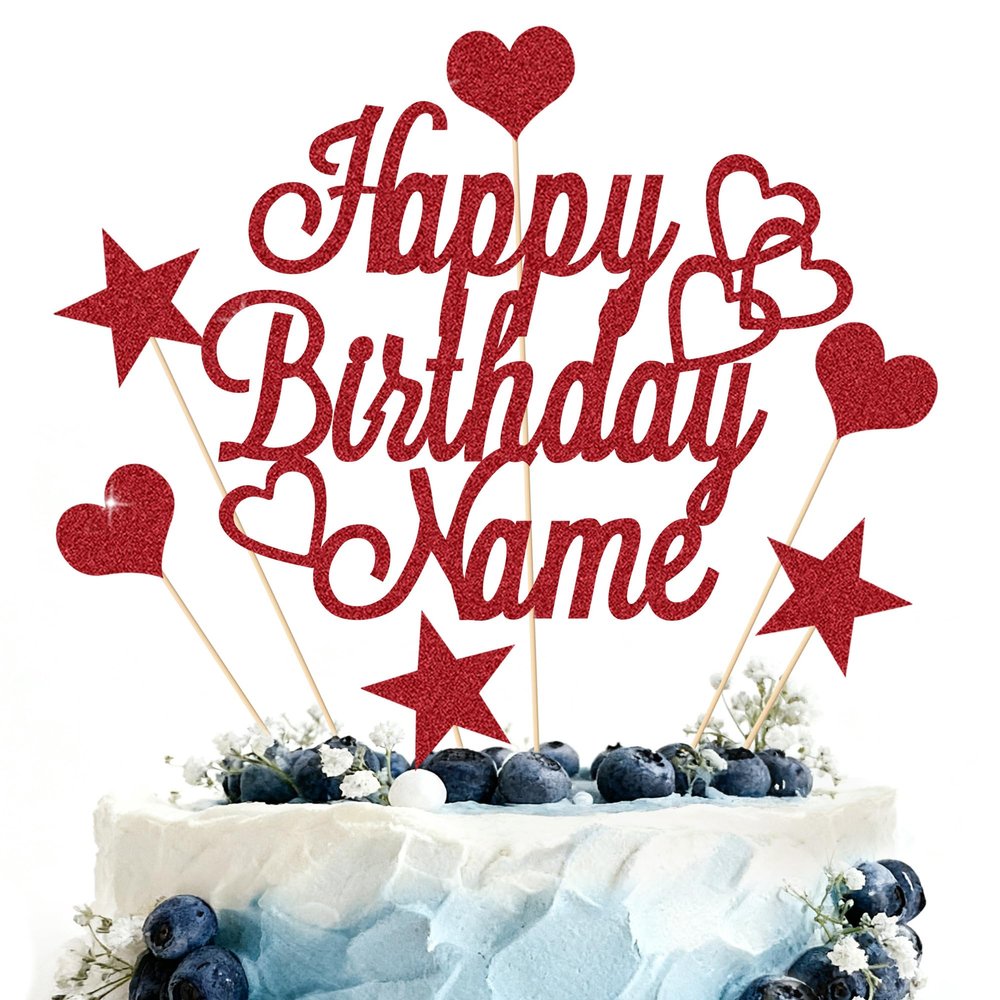Personalized Happy Birthday Cake Topper | Customized Name Cake Decoration | Double Sided Glitter Card | Red